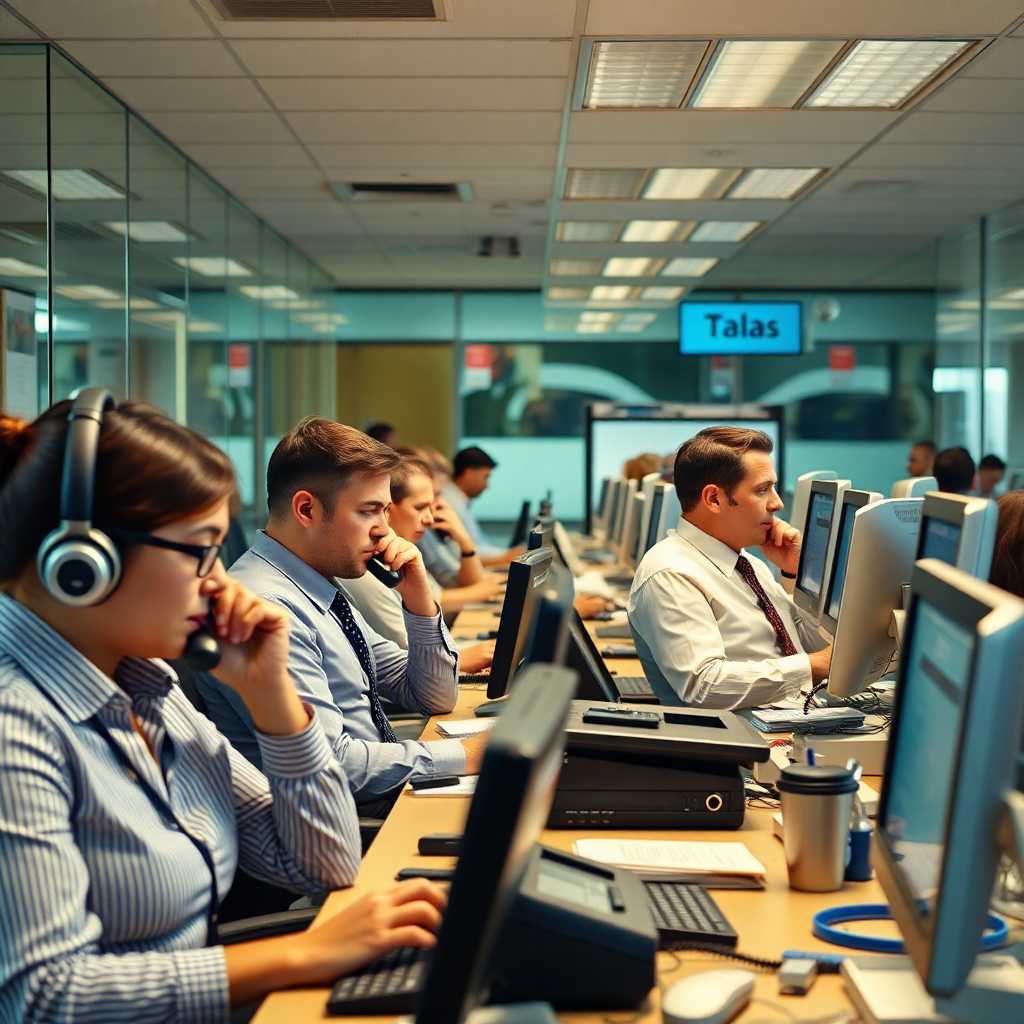 A bustling office with phones ringing and employees managing customer inquiries.