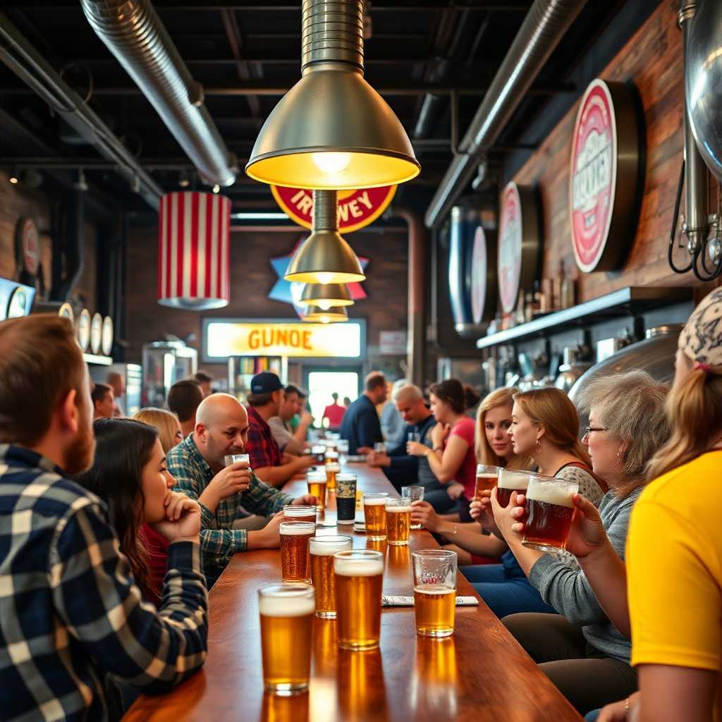 A busy craft brewery with patrons enjoying beers