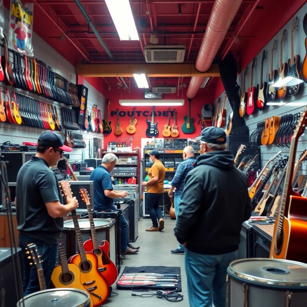 A busy music equipment rental shop with staff attending multiple customers at once.