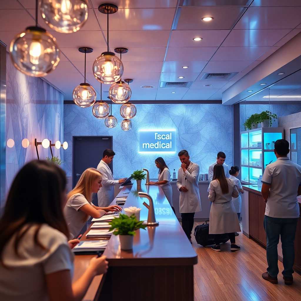 A medical spa reception buzzing with activity and real-time text inquiries