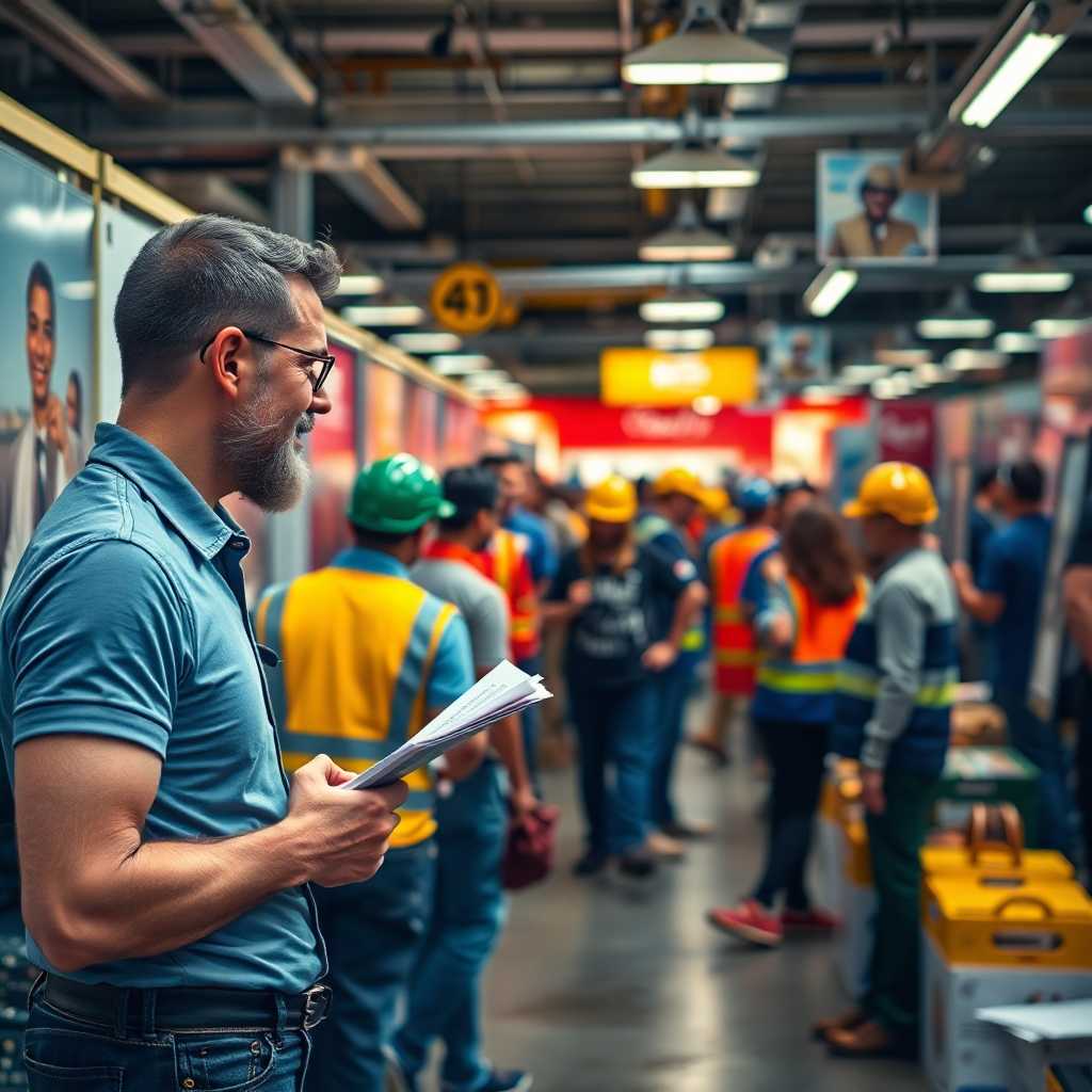 Customer asking about poster dimensions while waiting amidst a backdrop of bustling workers.