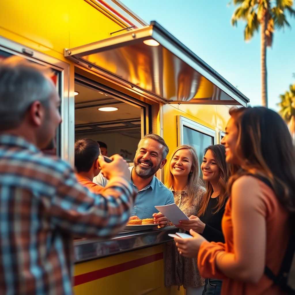 Smiling customers receiving orders from a food truck’s side window.