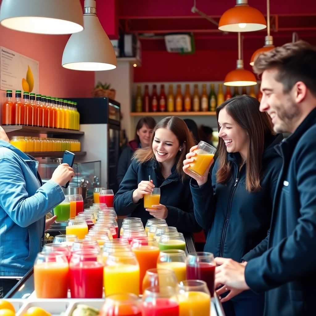 Happy customers sampling juices in a vibrant, organized juice bar setting