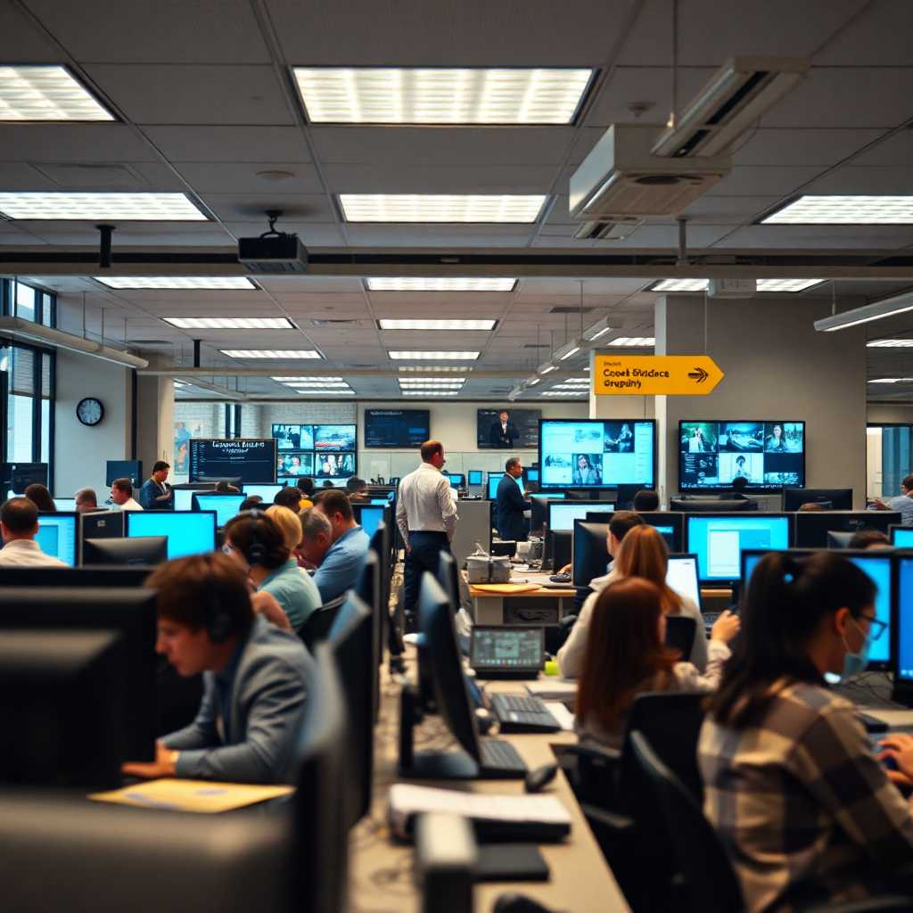 Busy office environment with multiple communication channels