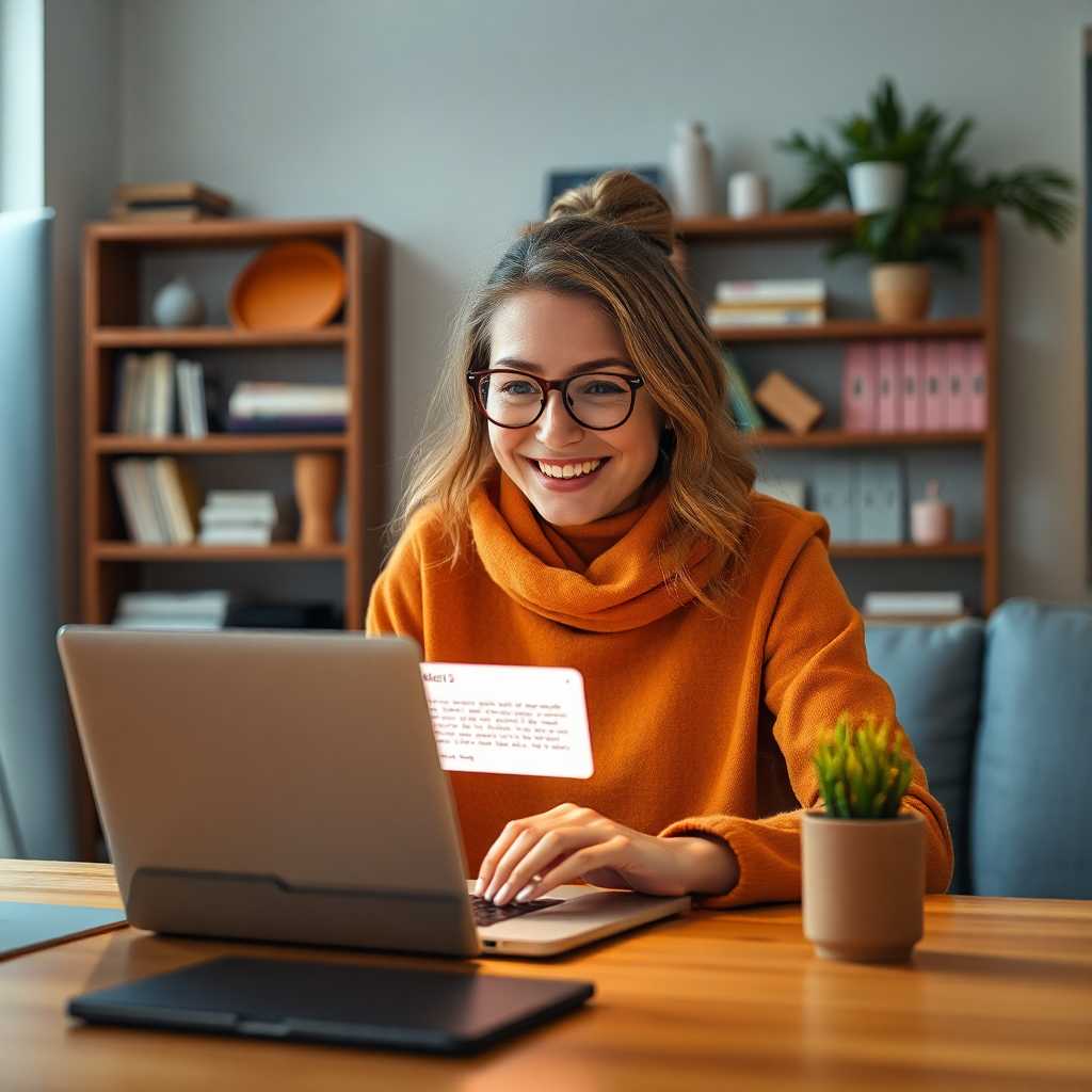 Happy designer receiving a client message on laptop