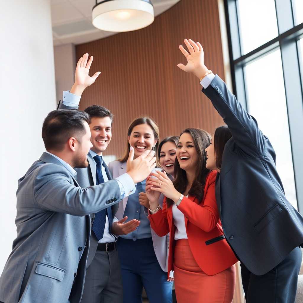 Confident Business Team Celebrating a Successful Client Interaction