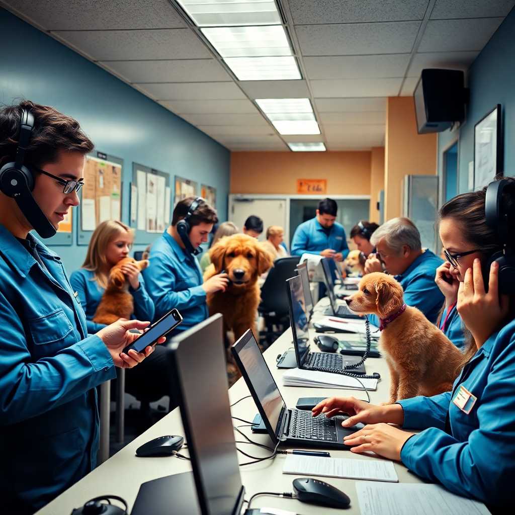 A busy animal training office filled with trainers managing phone calls and texts.