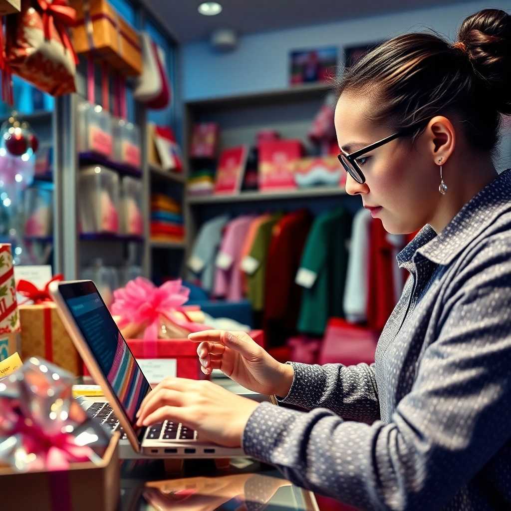 Gift shop owner reviewing SMS replies on a laptop