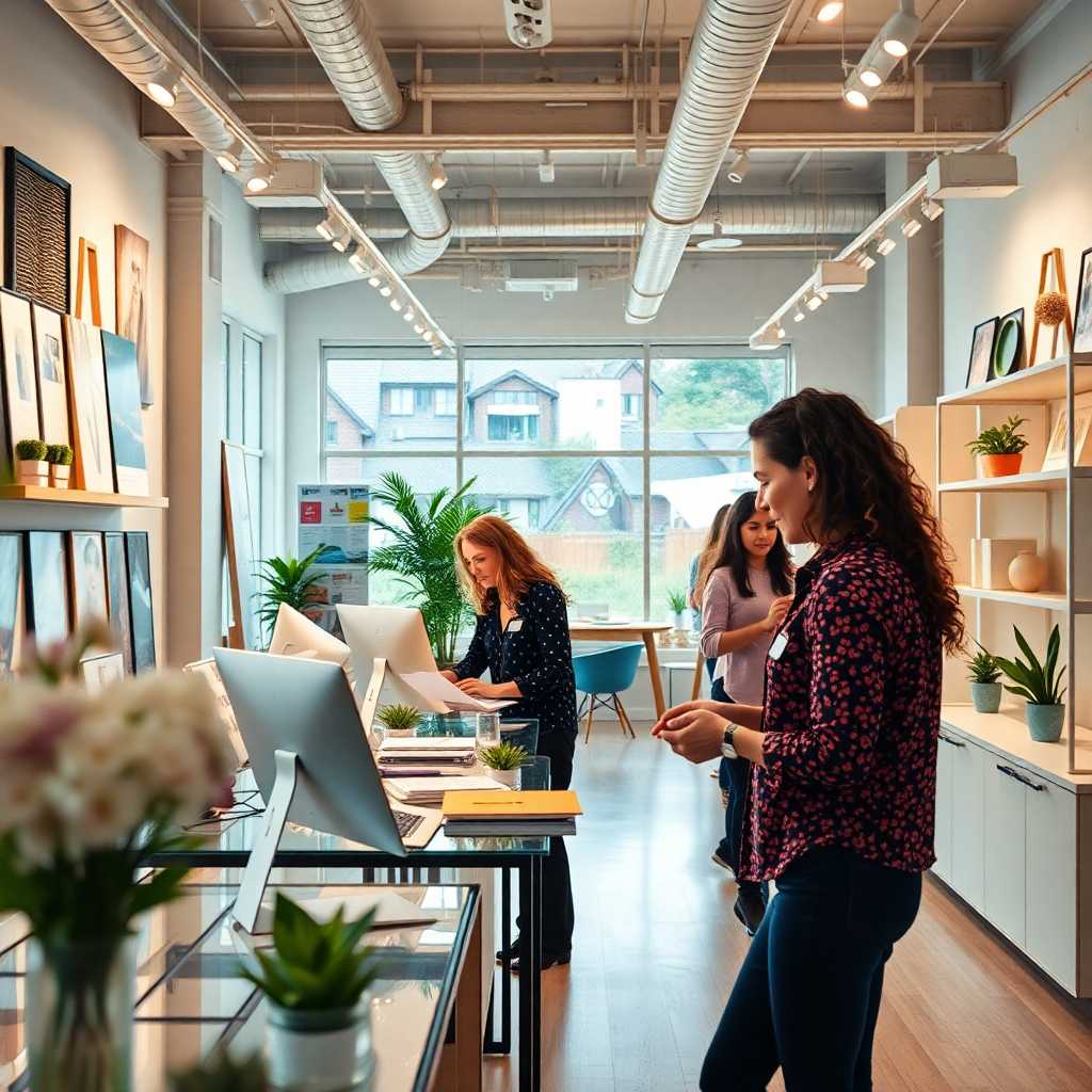 A bustling interior design studio dealing with multiple customer inquiries efficiently.