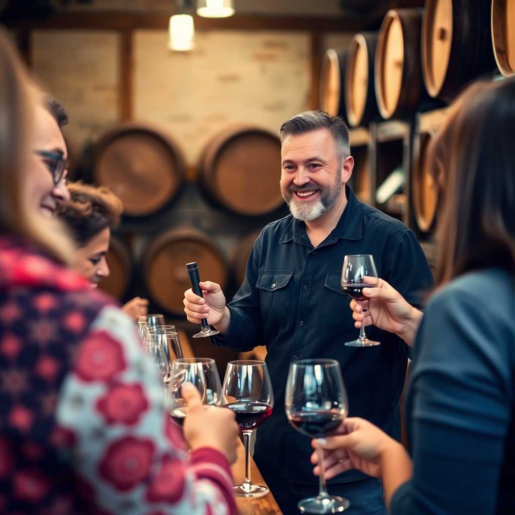 A winery owner cheerfully explains their wine selections to enthusiastic customers.