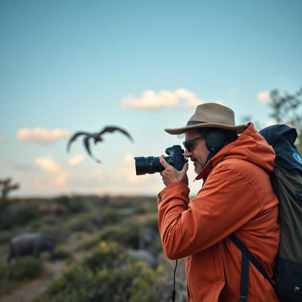 A busy wildlife photographer embracing automated responses amidst natural beauty.