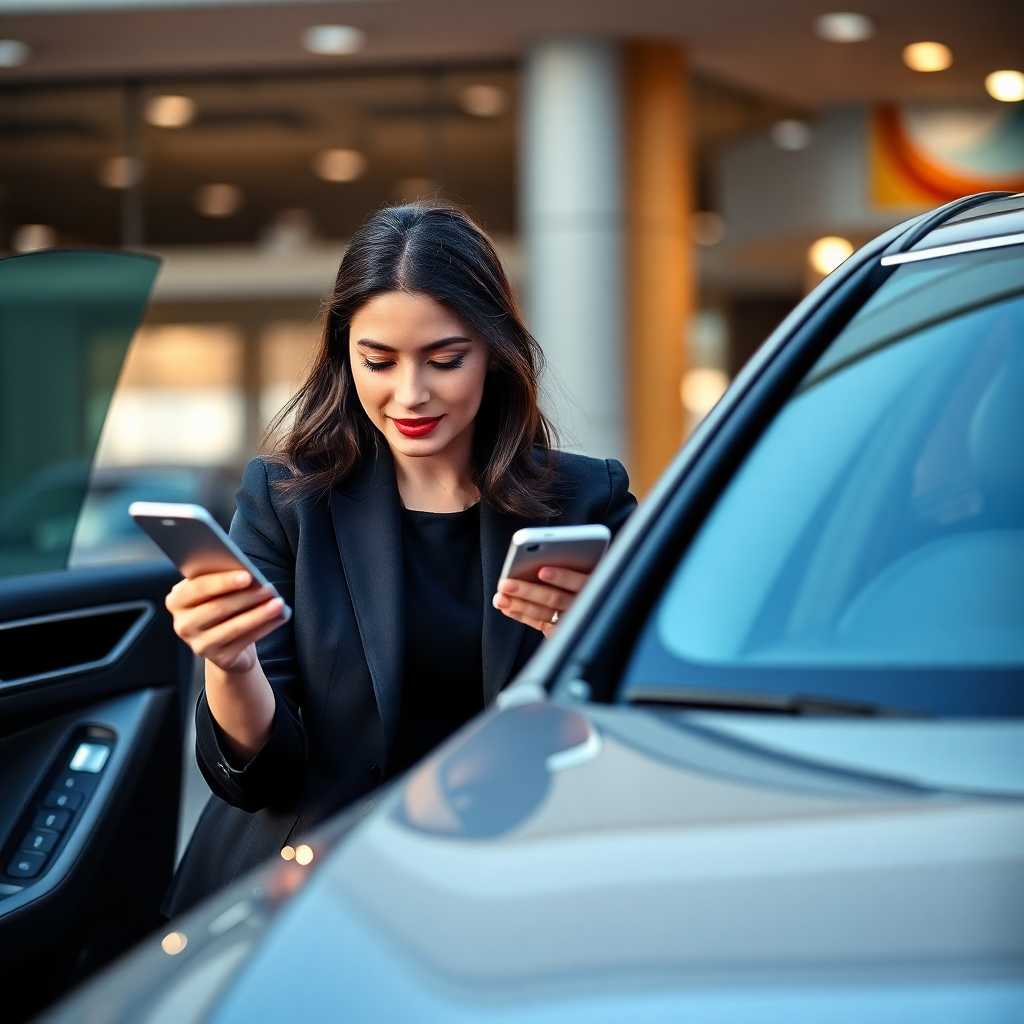 A businesswoman sending an SMS while detailing a luxury car