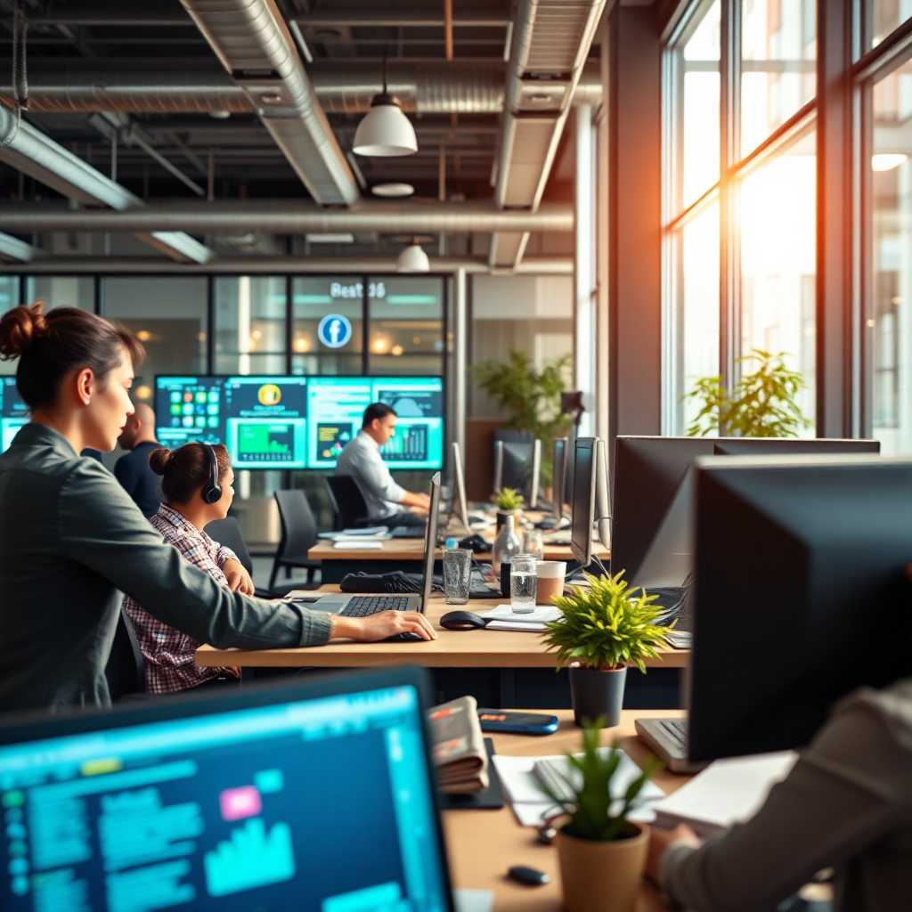 A busy digital marketing office handling multiple inquiries