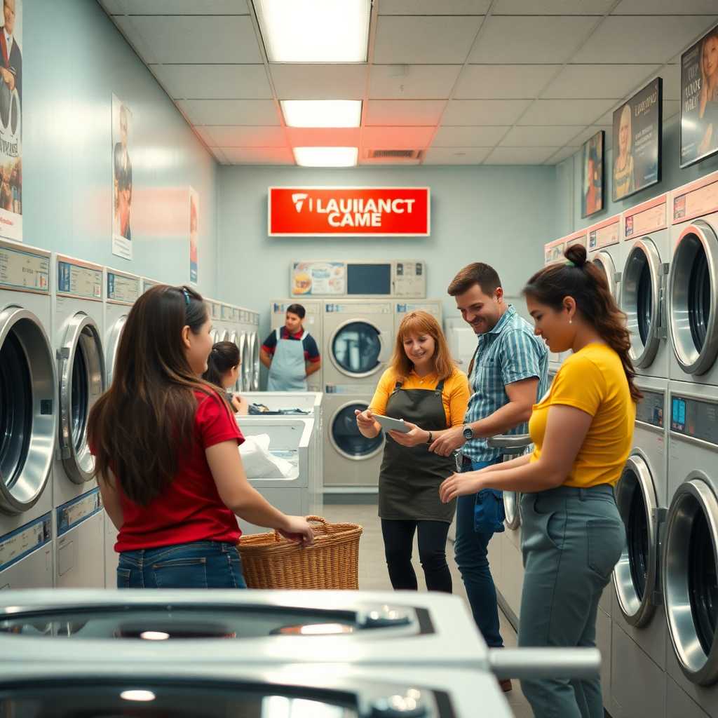 Happy laundromat staff assisting customers seamlessly