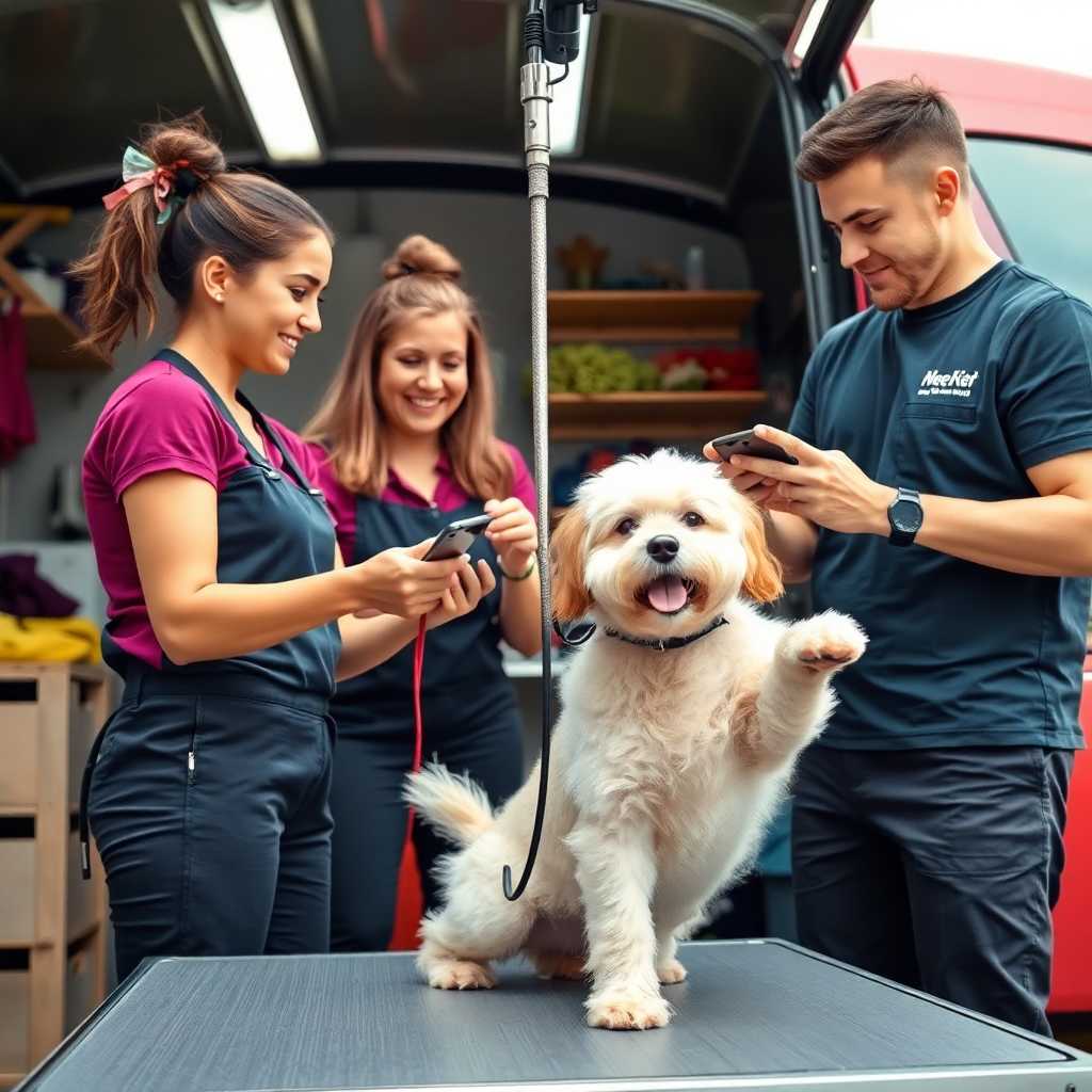 Engaged mobile pet grooming team handling communications effortlessly