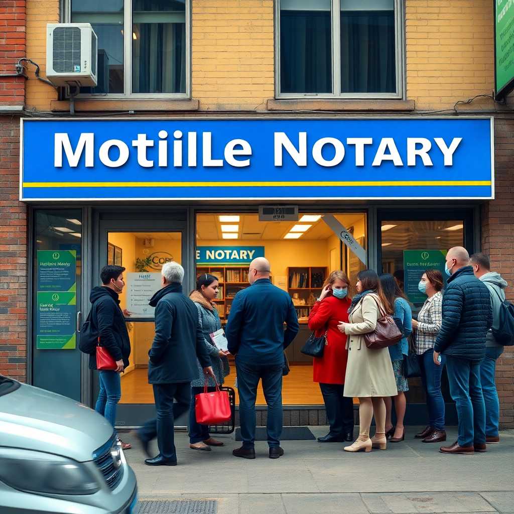Busy mobile notary storefront with clients lined up