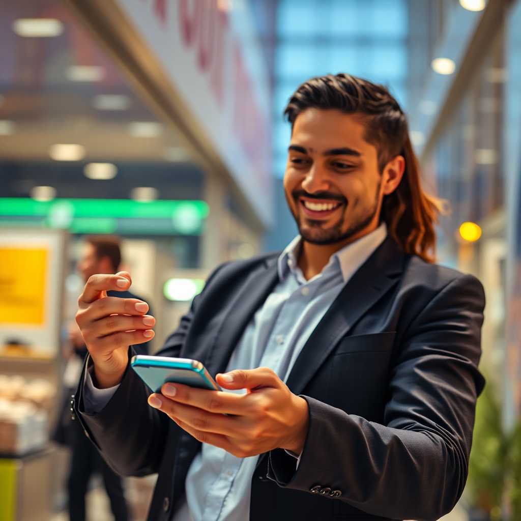 Business owner showing successful SMS management on their smartphone