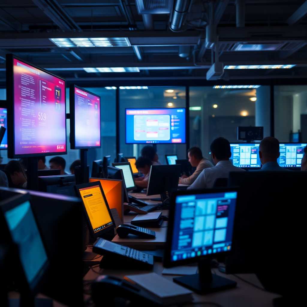An office with ringing phones and notifications lighting up screens.