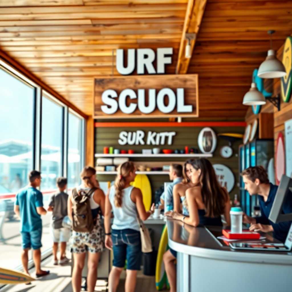 Surf School Front Desk with Busy Customers