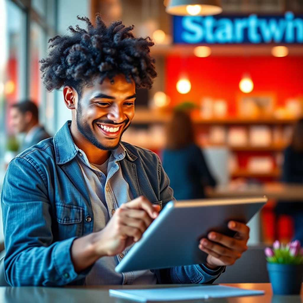 A smiling business owner reviewing customer messages on a tablet