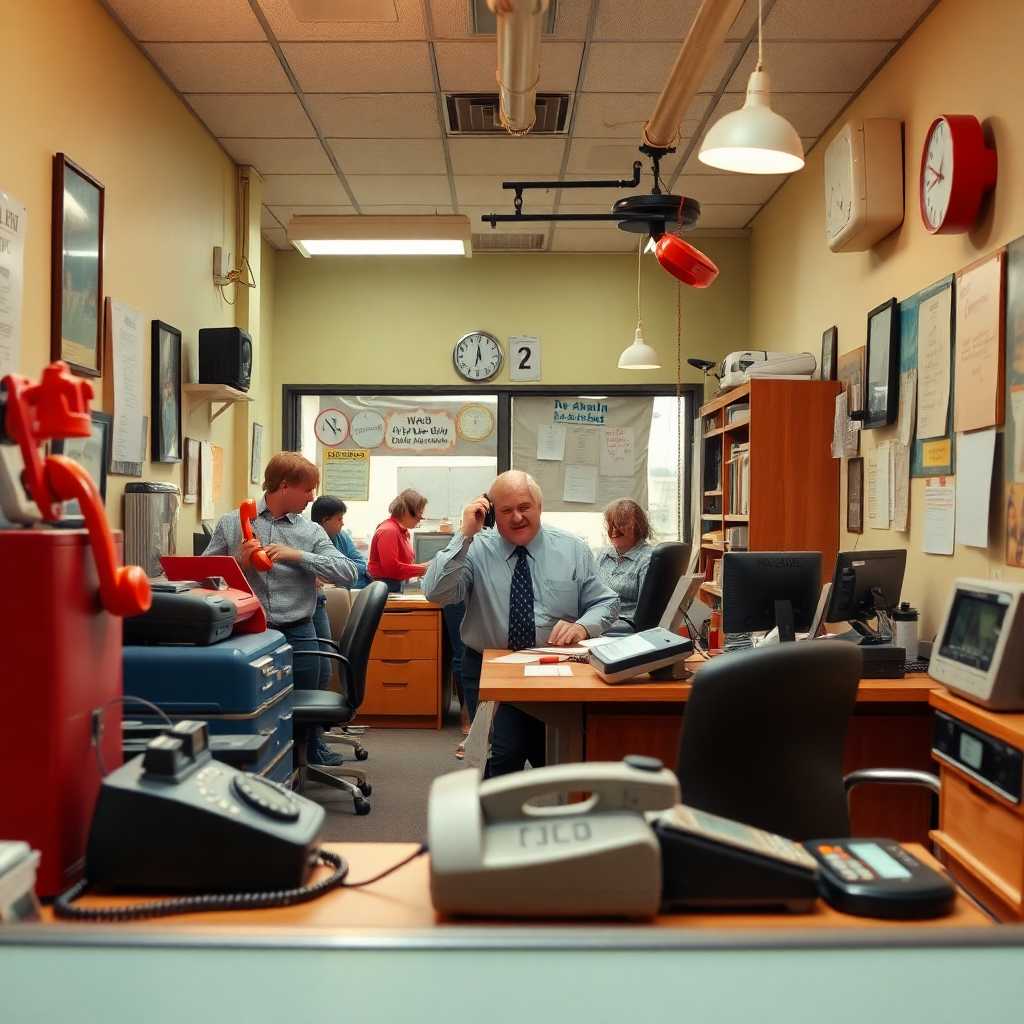 A bustling handyman office with phones ringing off the hook.