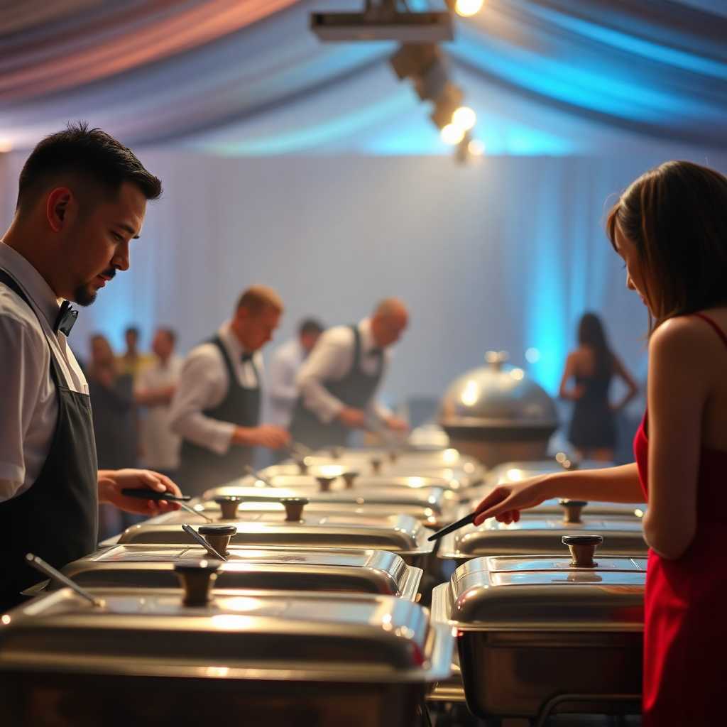 Caterers arranging equipment at an event