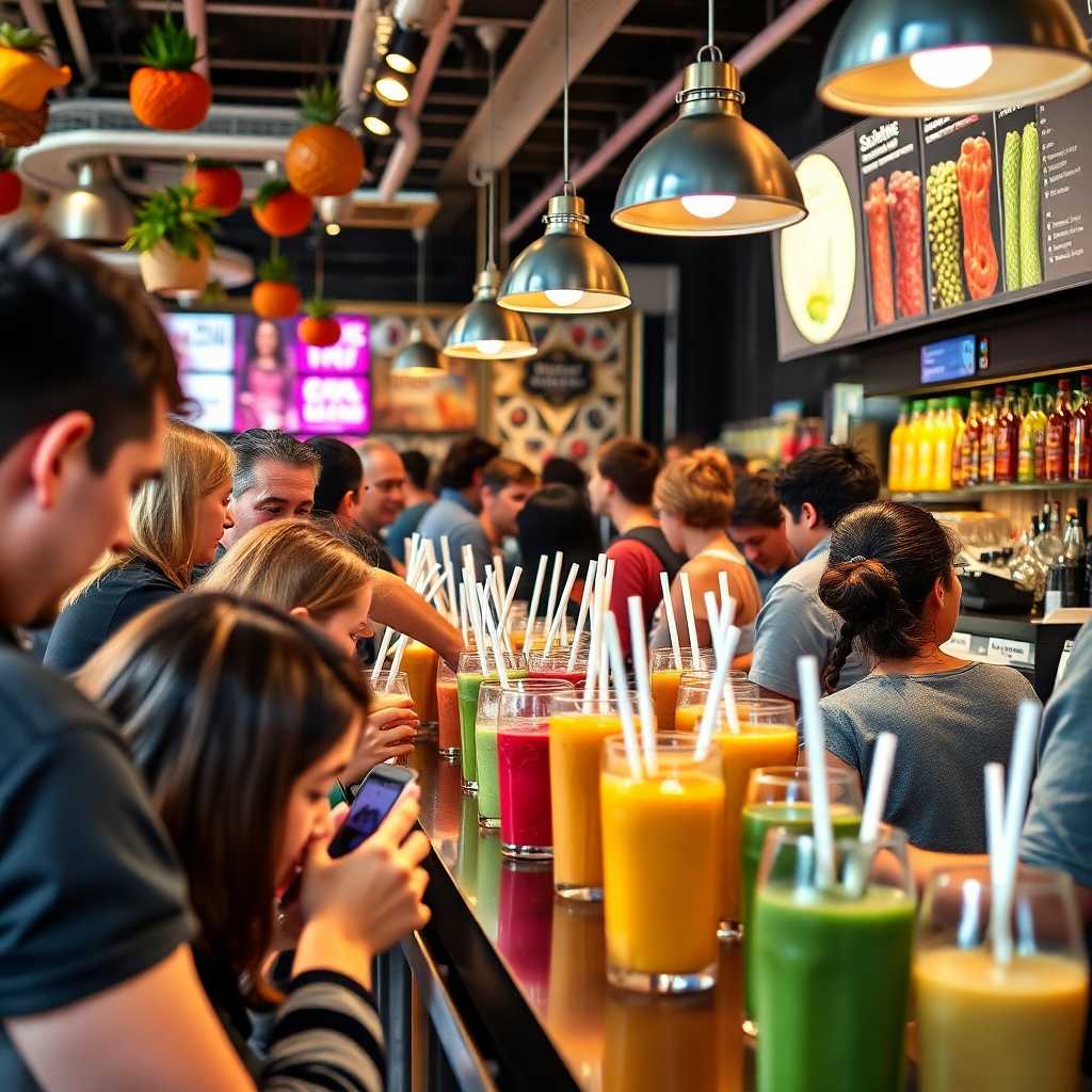 Crowded Smoothie Bar with Customers texting inquiries