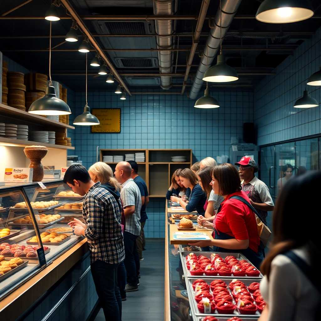 Busy bakery counter with customers eagerly waiting
