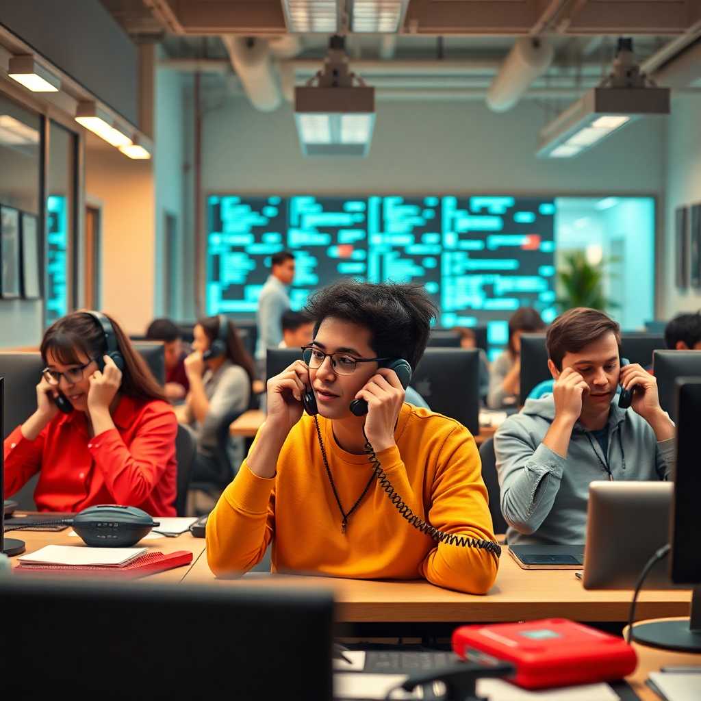 A busy app developer office with phones ringing off the hook