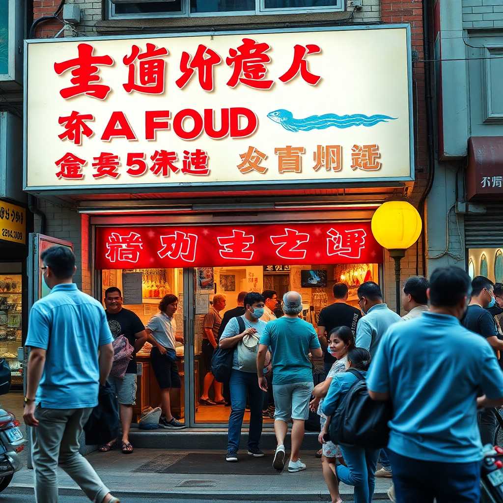 A busy seafood takeout storefront bustling with activity.