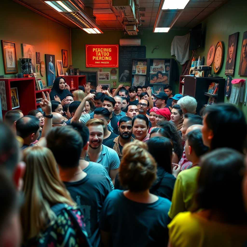 Enthusiastic crowding customers at a bustling piercing studio.