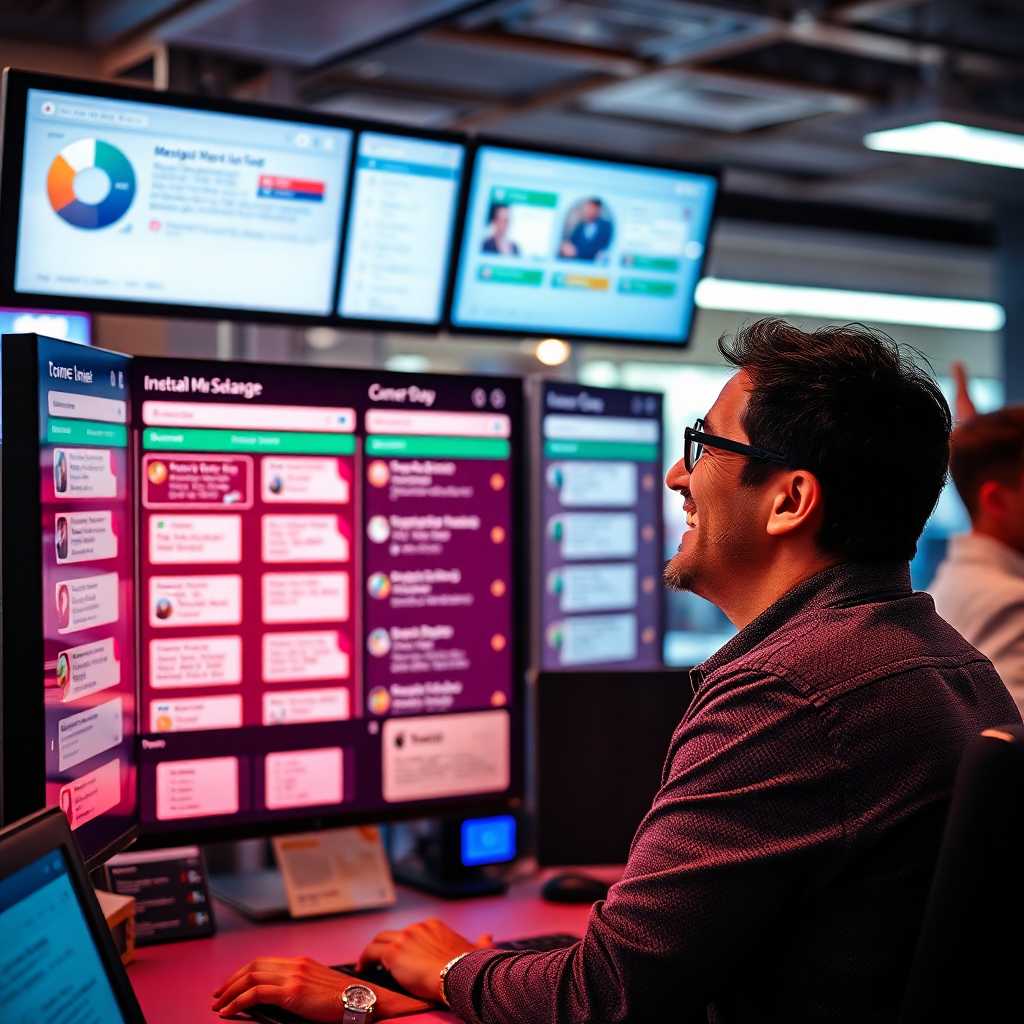 An owner cheerfully viewing an organized message portal during a busy shift.