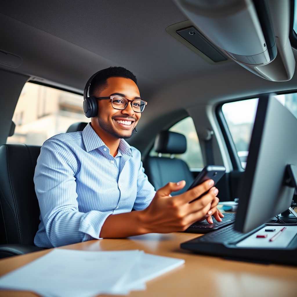 A satisfied taxi dispatcher at a desk, confidently managing operations via a smartphone. Caption: Simplify taxi dispatch with automated SMS responses—save time and satisfy customers. Text us today!