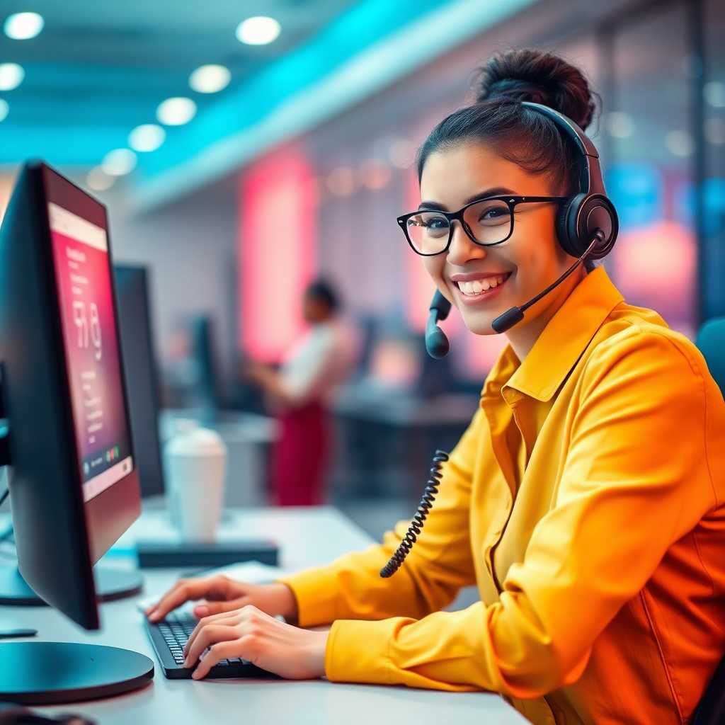 A smiling operator at a desk, phone in hand, computer screen showing a chat interface.