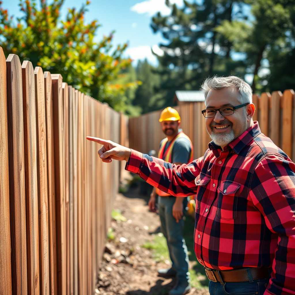 A happy customer pointing at their newly installed fence with the installation team smiling in the background