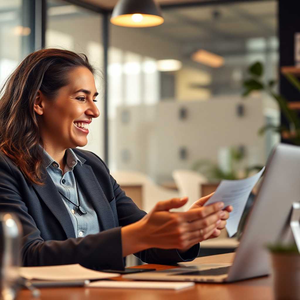 A cheerful business owner reviewing system-managed text interactions.