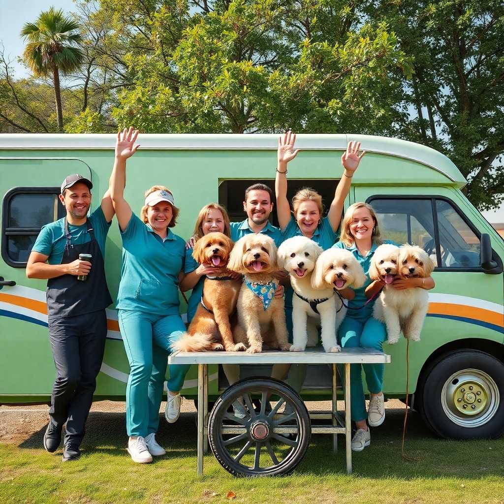 Celebratory team of mobile pet groomers after a successful day