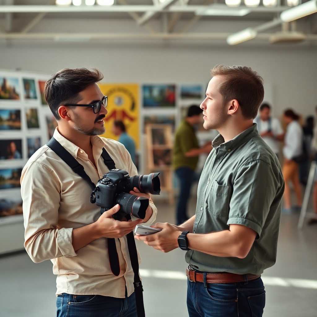 Photographer with client discussing photos