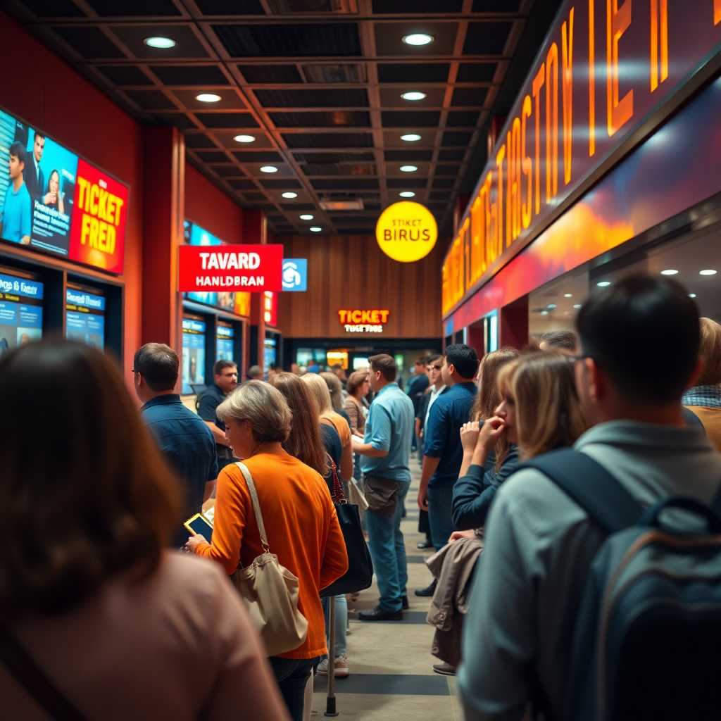 Busy theater ticket counter with customers in queue