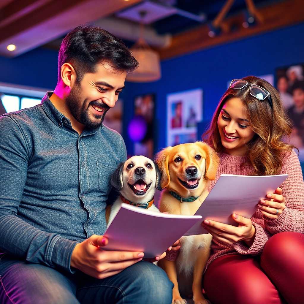 Happy pet parents reviewing booking confirmations