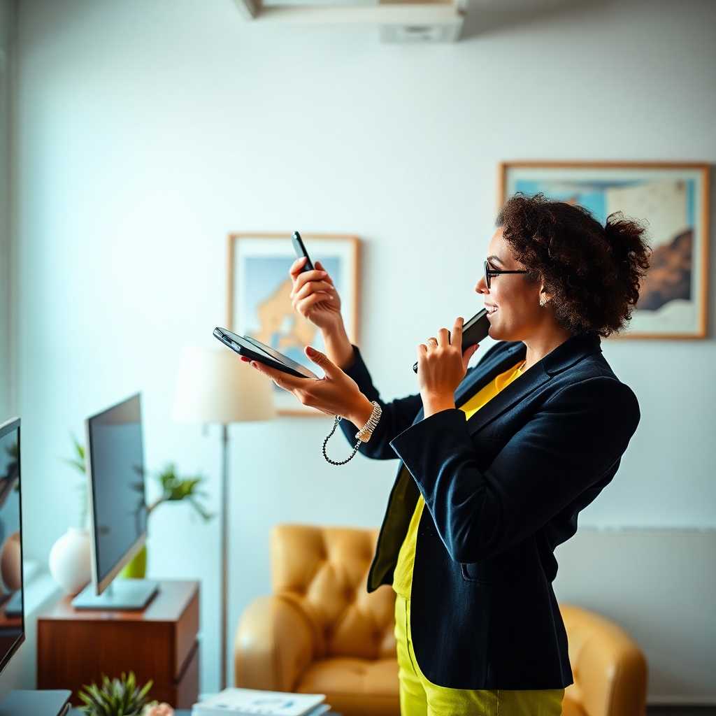 A busy interior decorator juggling multiple phones