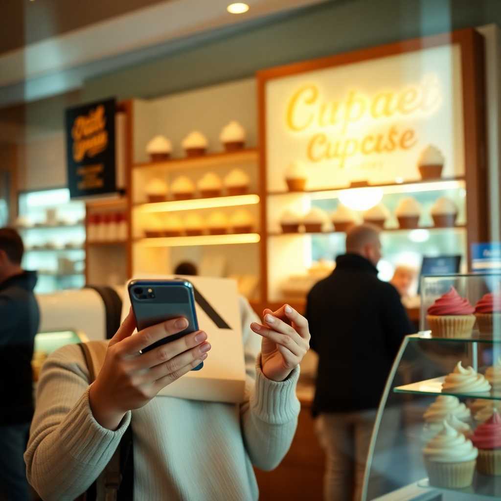 Customer happily reads SMS on phone inside a cupcake shop