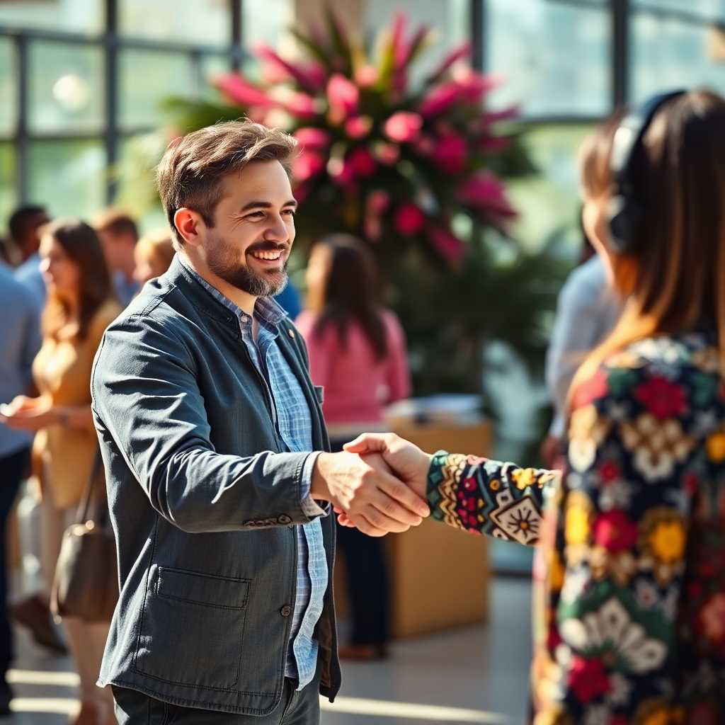 A happy client shaking hands with a photographer after reviewing SMS confirmations.