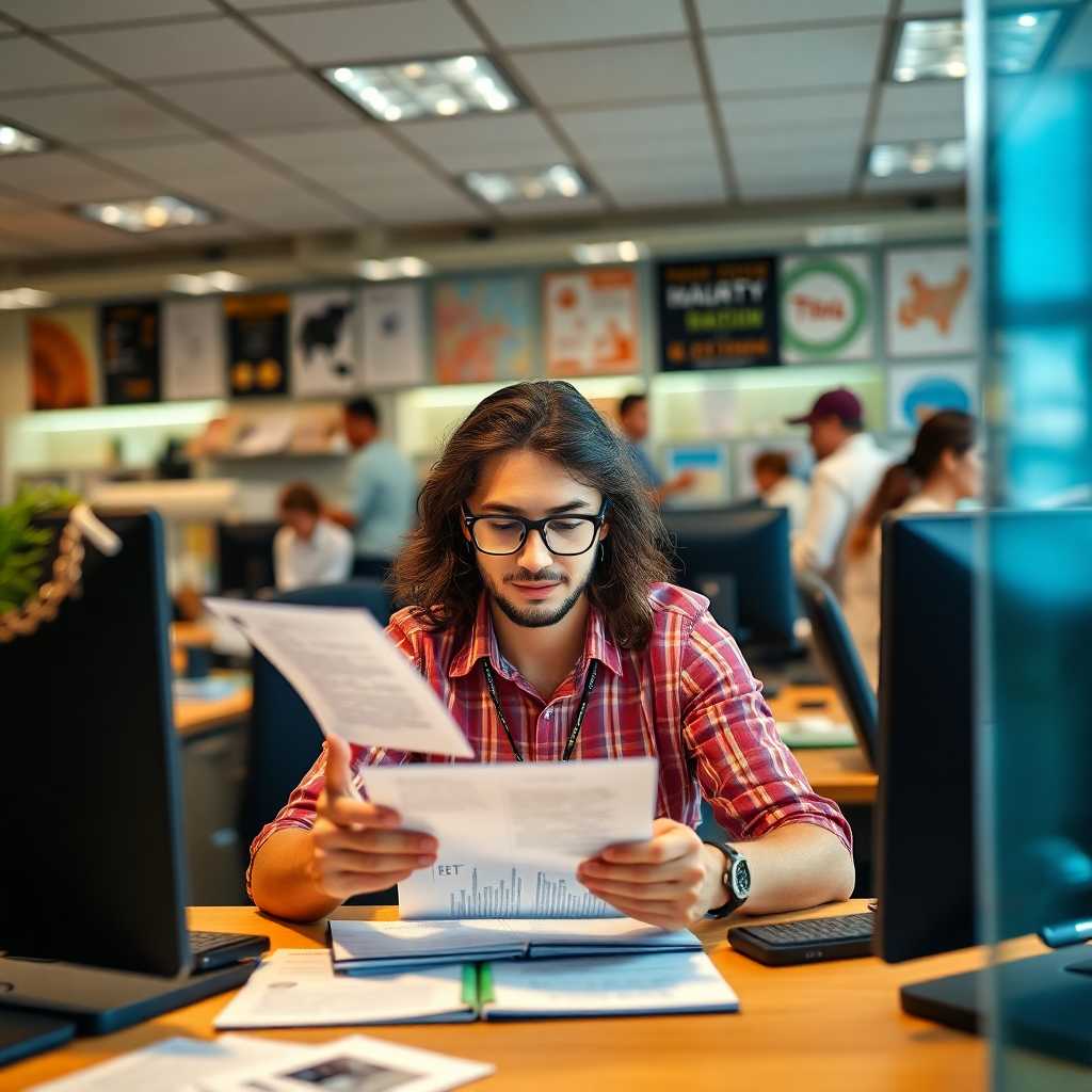 A travel guide juggling multiple text inquiries in a busy office