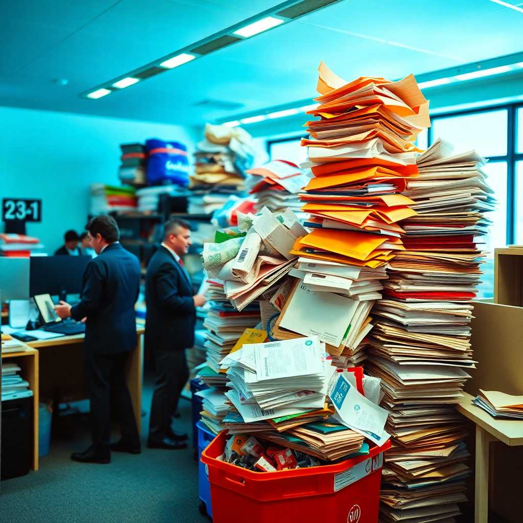 Busy office with stacks of recycling requests