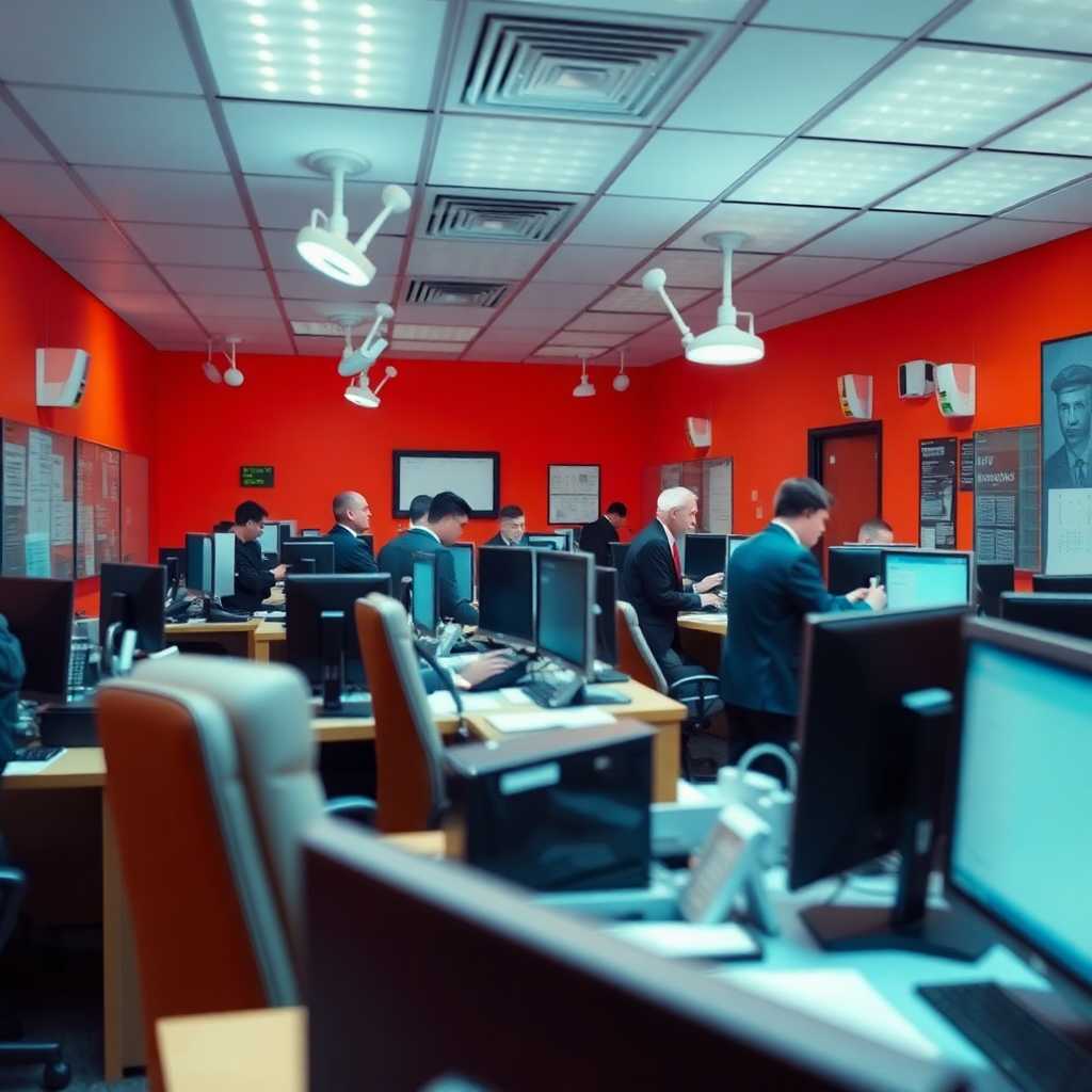 A bustling security installation office with phones ringing