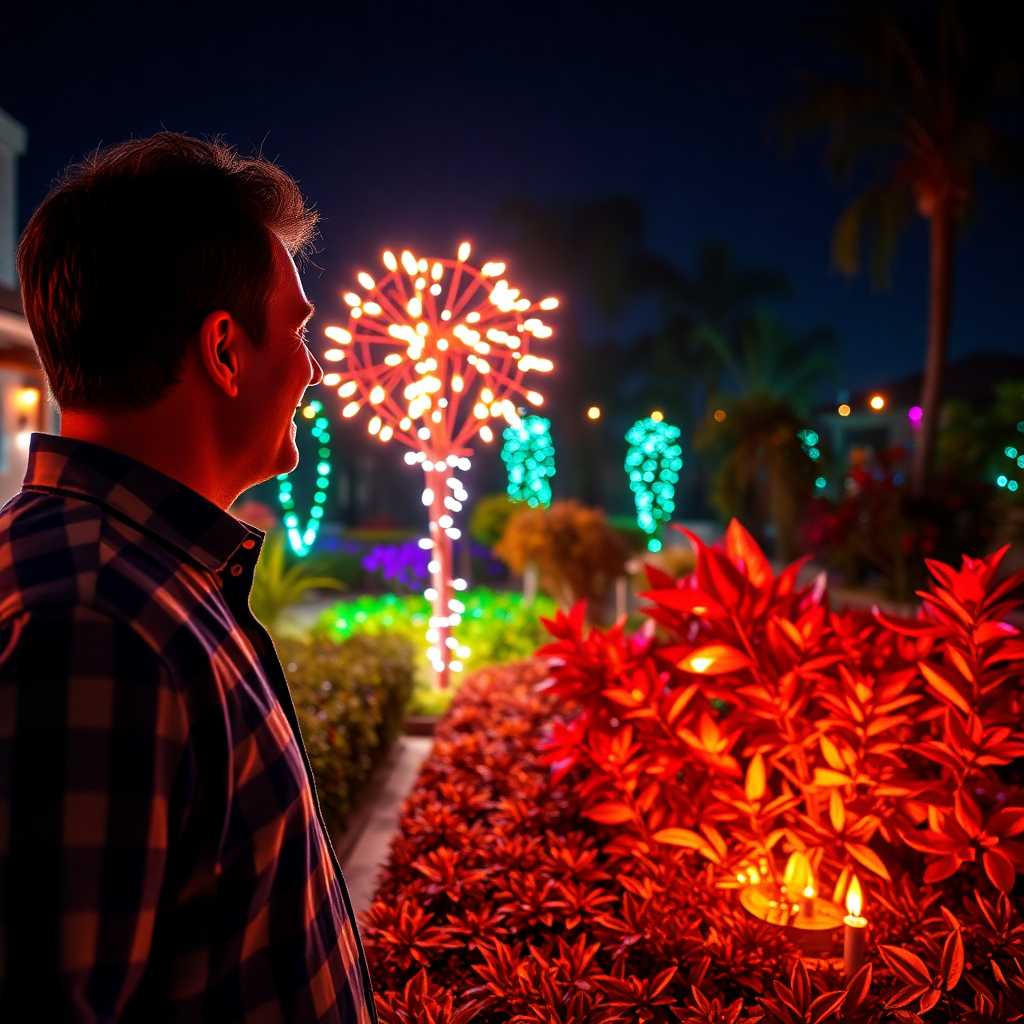 A happy customer admiring their beautifully lit garden.