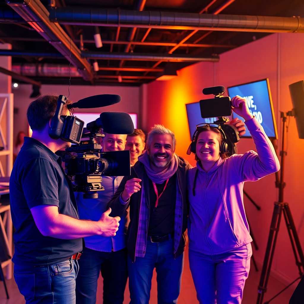 Video producers celebrate another successful project with satisfied clients.