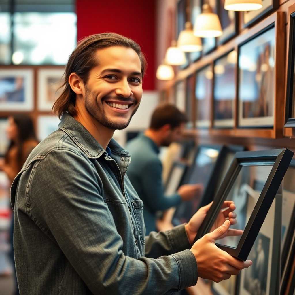 A satisfied customer picking up a custom frame