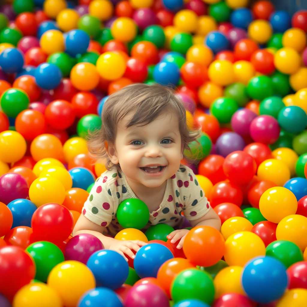 A child happily playing in a colorful ball pit while texts are being handled automatically.